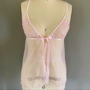Vintage Fredericks Hollywood Pink Embroidered Floral Chiffon Chemise